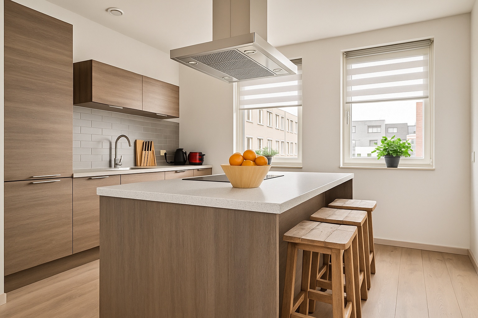 Moderne keuken met motorloze wasemkappen op mechanische ventilatie